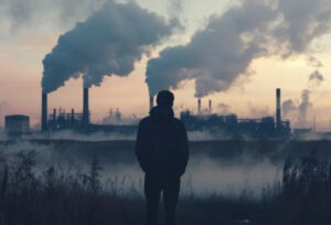 Man looks at polluting industry