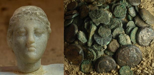 Mini busto seria uma representação da rainha Cleópatra VII; ao lado, moedas com imagens de Cleópatra VII encontradas no Egito