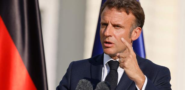 26.mai.2024 - O presidente da França, Emmanuel Macron, durante coletiva em Berlim, na Alemanha