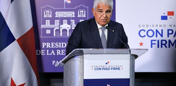 Presidente Jose Raul Mulino, do Panamá, durante pronunciamento feito no palácio do governo na Cidade do Panamá