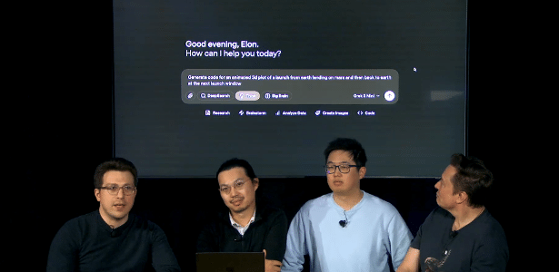 Elon Musk e a equipe da xAI apresentam a nova versão do Grok 3 durante uma transmissão ao vivo