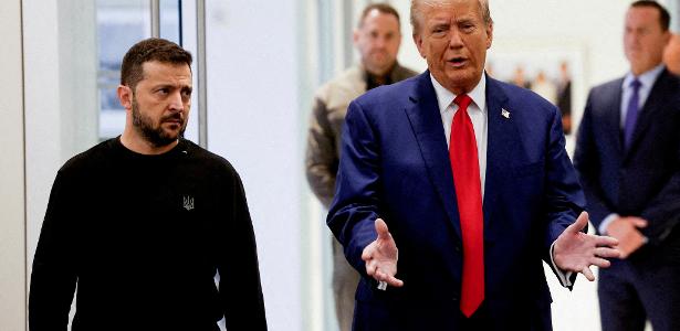 O republicano Donald Trump e o presidente da Ucrânia Volodymyr Zelensky se encontram na Trump Tower na cidade de Nova York, EUA, em 27 de setembro de 2024