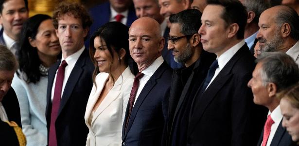 Mark Zuckerberg (Meta), Jeff Bezos (Amazon), Sundar Pichai (Google) e Elon Musk (X e Tesla) presentes na cerimônia de posse de Donald Trump