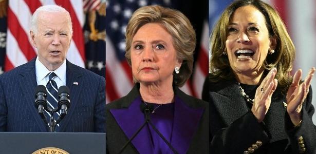 Joe Biden (ex-presidente dos EUA), Hillary Clinton (ex-Secretária de Estado dos EUA) e Kamala Harris (ex-vice-presidentente dos EUA)