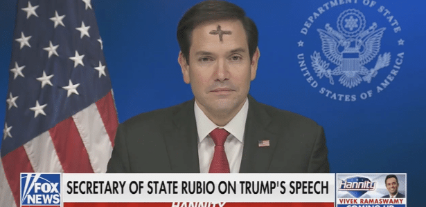 O secretário de Estado dos EUA, Marco Rubio, durante pronunciamento na rede americana Fox News na Quarta-Feira de Cinzas