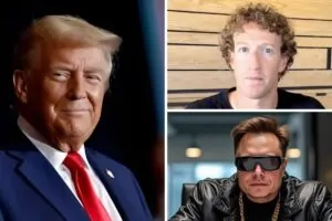 Donald Trump, Elon Musk and Mark Zuckerberg, Big Techs bosses