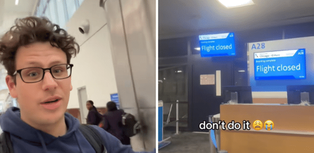 O influencer Michael DiConstanzo (esq.) e telas informando voo perdido da influencer Jenny Kurtz (dir.)