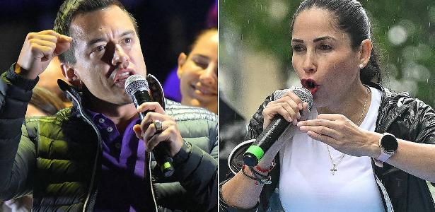 Montagem com as fotos de Daniel Noboa, atual presidente que tenta reeleição, e Luisa González, herdeira do correísmo que também compete no pleito, no Equador