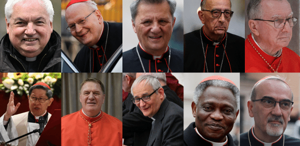 10 papáveis da esq. para a dir.: Jean-Marc Aveline; Péter Erdo; Mario Grech; Juan Jose Omella; Pietro Parolin; Luis Antonio Gokim Tagle; Joseph Tobin; Peter Kodwo Appiah Turkson; Matteo Maria Zuppi; e Pierbattista Pizzaballa
