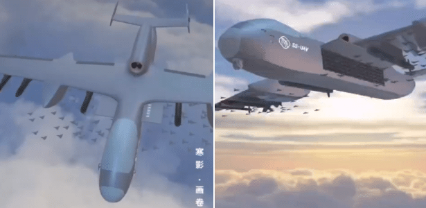 Imagens computadorizadas divulgadas pela mídia estatal chinesa mostram a aeronave Jiu Tian lançando drones pelas laterais de sua fuselagem