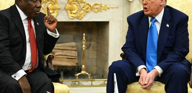 21.mai.2025 - Presidente Donald Trump em encontro com o presidente sul-africano Cyril Ramaphosa 