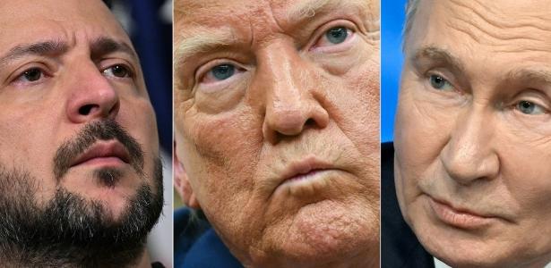 Os presidentes da Ucrânia, Volodymyr Zelensky, dos EUA, Donald Trump, e da Rússia, Vladimir Putin