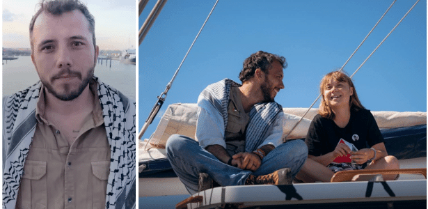 Thiago Ávila se tornou ativista em 2006, após presenciar a vitória de Evo Morales na Bolívia; à direita, aparece sorrindo ao lado de Greta Thunberg durante missão humanitária rumo a Gaza.