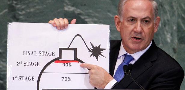 Primeiro-ministro de Israel, Benjamin Netanyahu, aponta para gráfico mostrando evolução do programa nuclear do Irã, durante assembleia da ONU, em setembro de 2012