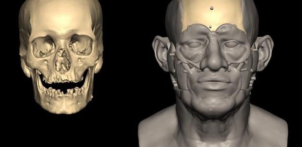 Reconstrução do que teria sido o rosto do egípcio, a partir de seu crânio, feita por especialistas do Face Lab da Liverpool John Moores University