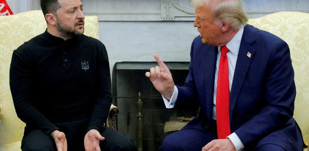 Donald Trump e Volodymyr Zelensky discutiram durante reunião na Casa Branca, em Washington, em fevereiro