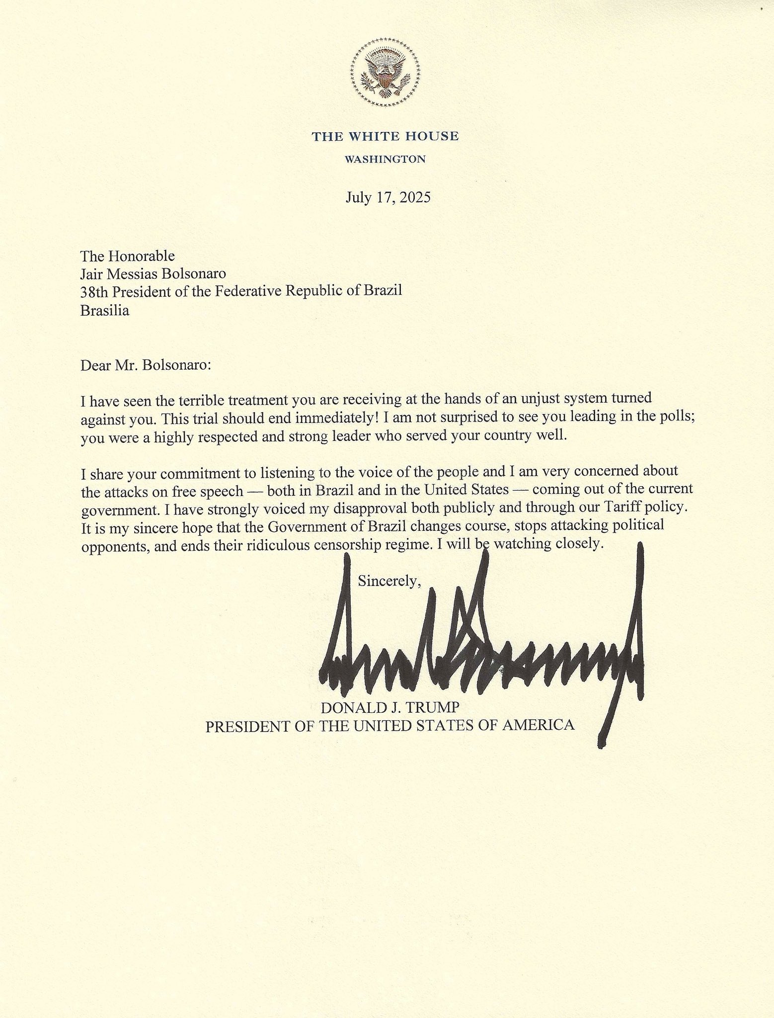 Trump sends letter to Bolsonaro and claims that Brazil lives “ridiculous regime of censorship”