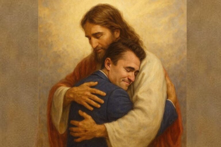 Imagem gerada com IA mostrando Charlie Kirk abraçado por figura de Jesus Cristo