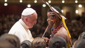 Pope Francis with indigenous leader visiting Peru
