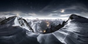 Panorama of the Italian Dolomites covered in snow. Award-winning image in the panoramic photography contest