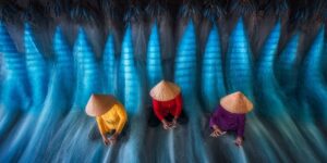Three women weaving hammocks in a village in Vietnam was the winning panoramic photograph in the Digital Art category