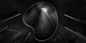 B&W photo shows one of the 4 PwC towers, in Spain. The photo won in the amateur built environment category at the Epson Pano Awards