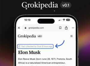 Smartphone with Grokipedia entry screen on Elon Musk