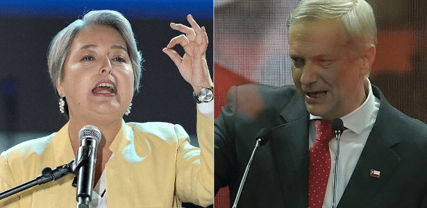 Os candidatos Jeannette Jara (esq.) e Jose Antonio Kast (dir.) em campanha presidencial no Chile