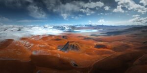 The desert and the snowy landscape in the background in the panoramic photography awarded at the Espson Pano Awards
