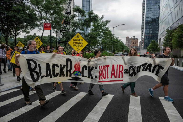 Ativistas ambientais protestam contra a empresa de investimentos BlackRock (Foto: Victor J. Blue/ The New York Times/Arquivo)