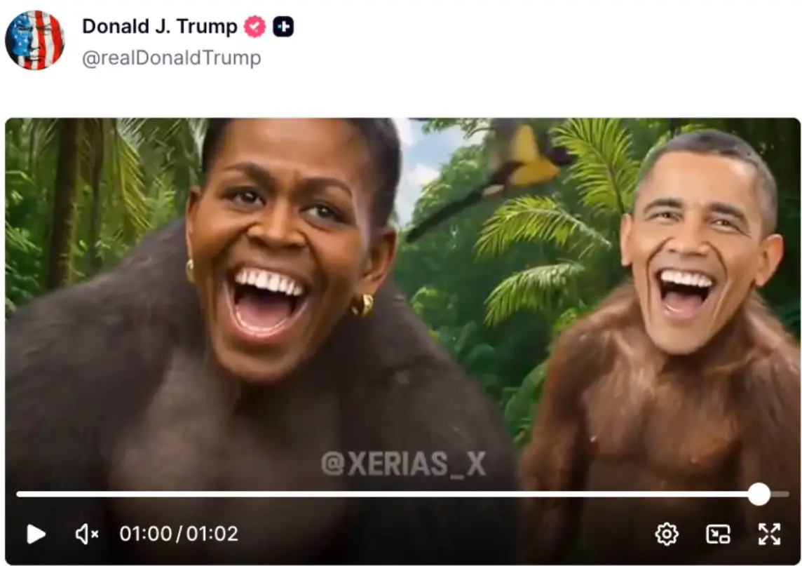 Trump publishes video portraying Barack and Michelle Obama as monkeys