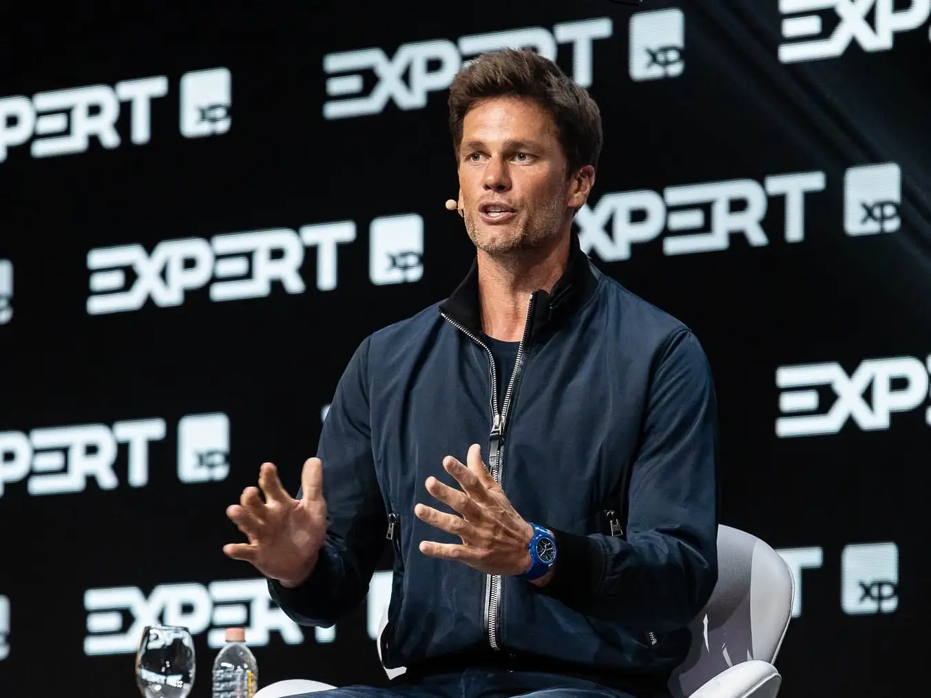 Tom Brady, astro da NFL, durante palestra na Expert XP 2023 (Divulgação)